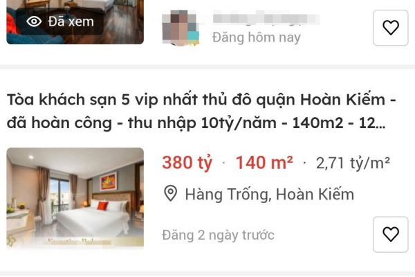 Nhà phố Hà Nội rao bán gần 3 tỷ đồng/m2 gây choáng